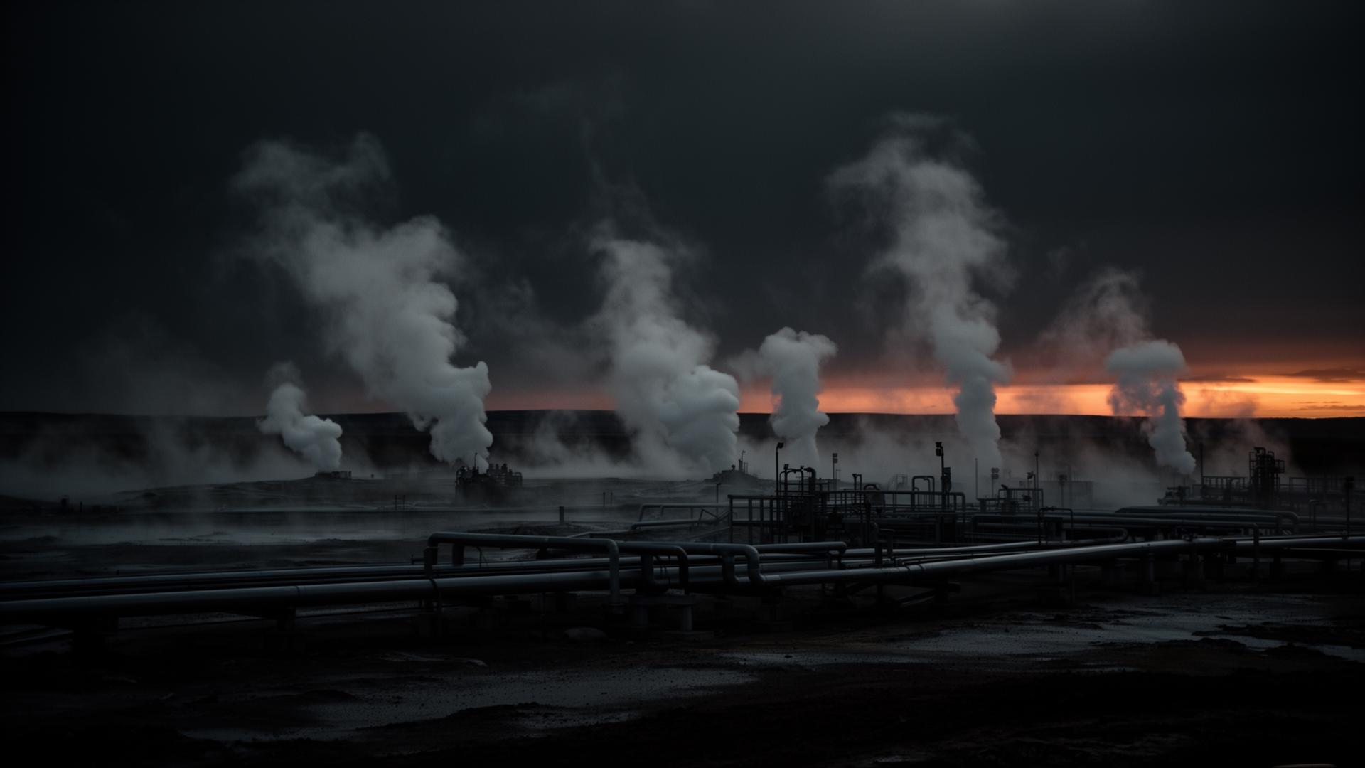 Geothermal steam field at dusk